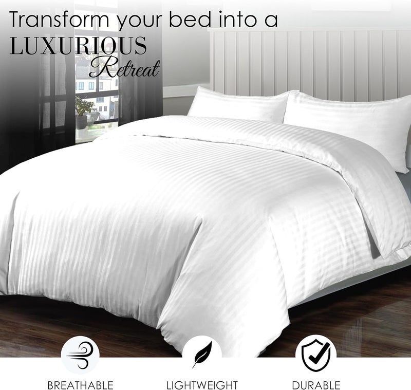 Siesta Zen 100% Cotton Luxury Hotel Quality Sateen Duvet Cover Set with 2cm Satin Stripe - King Size (White, 260x240cm) - Image 3